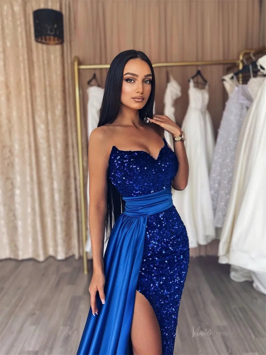 Royal Blue Sequin Mermaid Prom Dresses 2025 with Slit, Sweetheart Neck & Satin Overskirt – FD5212-prom dresses 2025 -Viniodress-Blue-Custom Size-