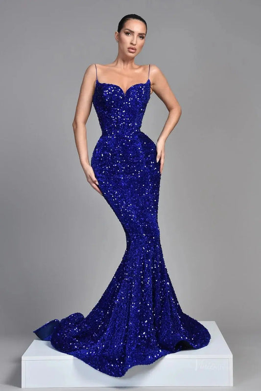 Royal Blue Sequin Mermaid Prom Dresses 2025 with Spaghetti Strap & Lace Up Back – FD5061-prom dresses 2025 -Viniodress-Blue-Custom Size-