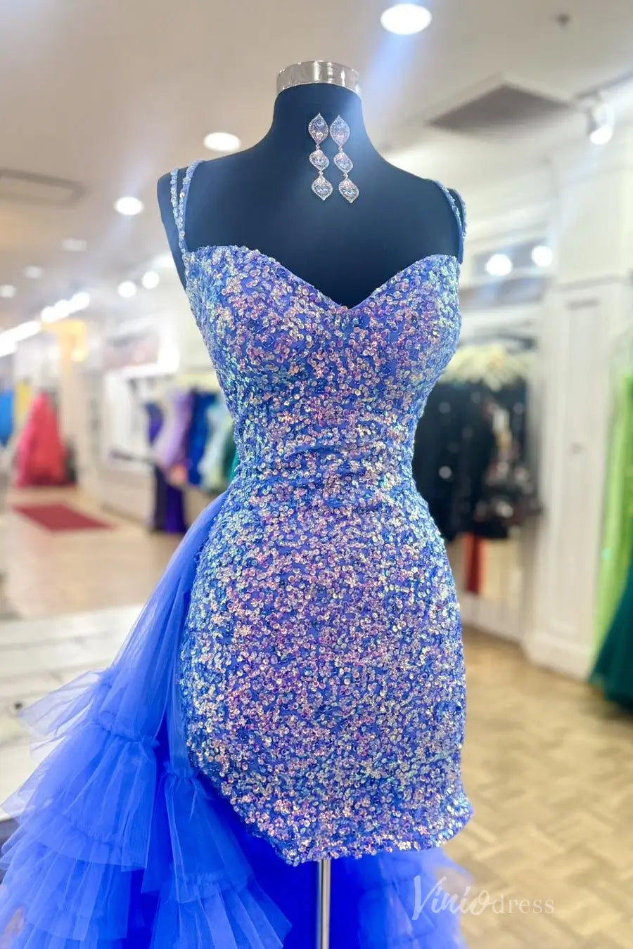 Royal Blue Sequin Pageant Dress with Sweetheart Neckline, Tiered Tulle Ruffle Overskirt – PG006-prom dresses 2025 -Viniodress-Blue-Custom Size-