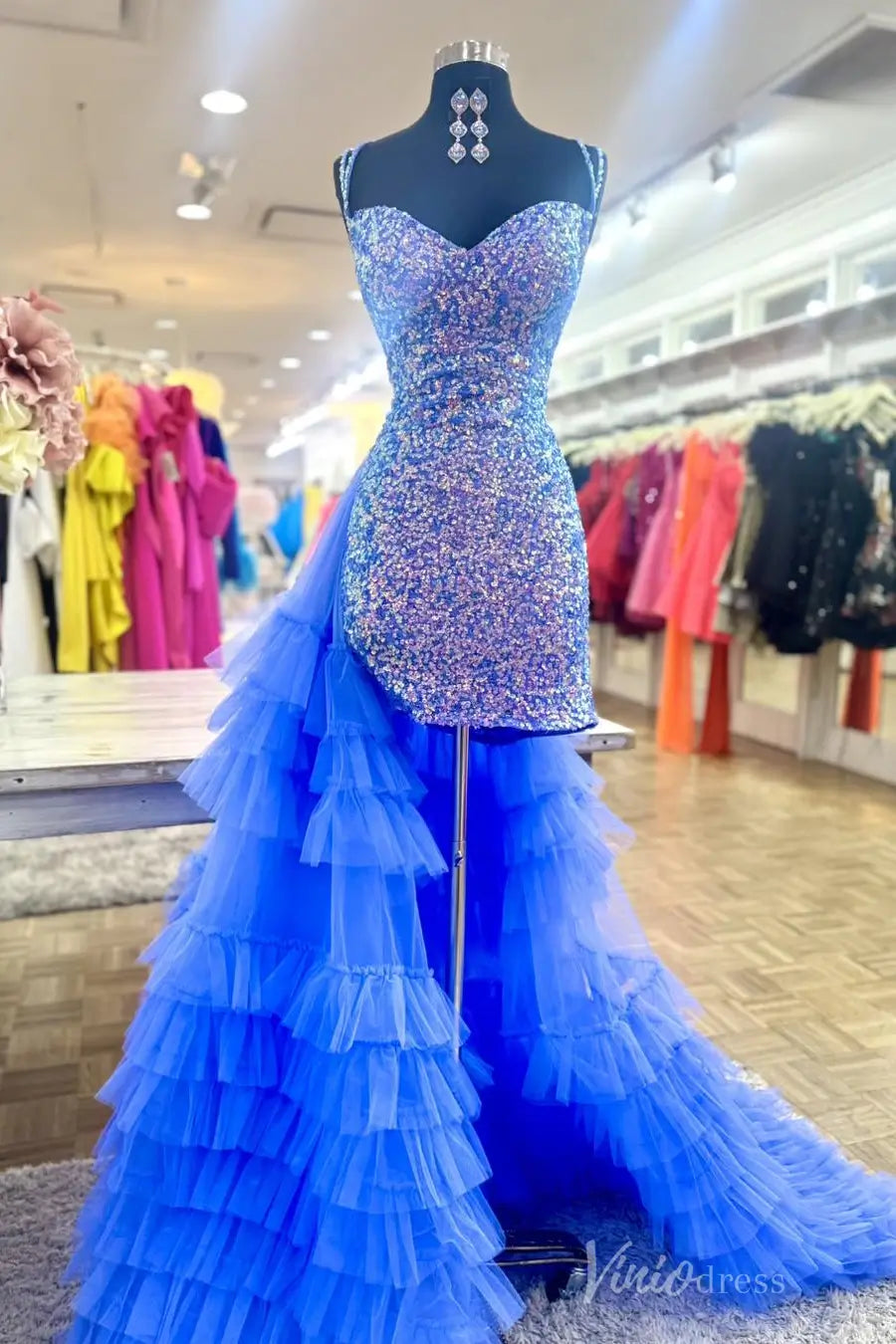 Royal Blue Sequin Pageant Dress with Sweetheart Neckline, Tiered Tulle Ruffle Overskirt – PG006-prom dresses 2025 -Viniodress-Blue-Custom Size-