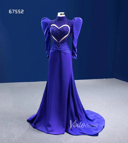 Royal Blue Sheath Pageant Dress Beaded Heart Formal Dresses with Sleeves 67552-Evening Dresses 2025 -Viniodress-Royal Blue-Custom Size-