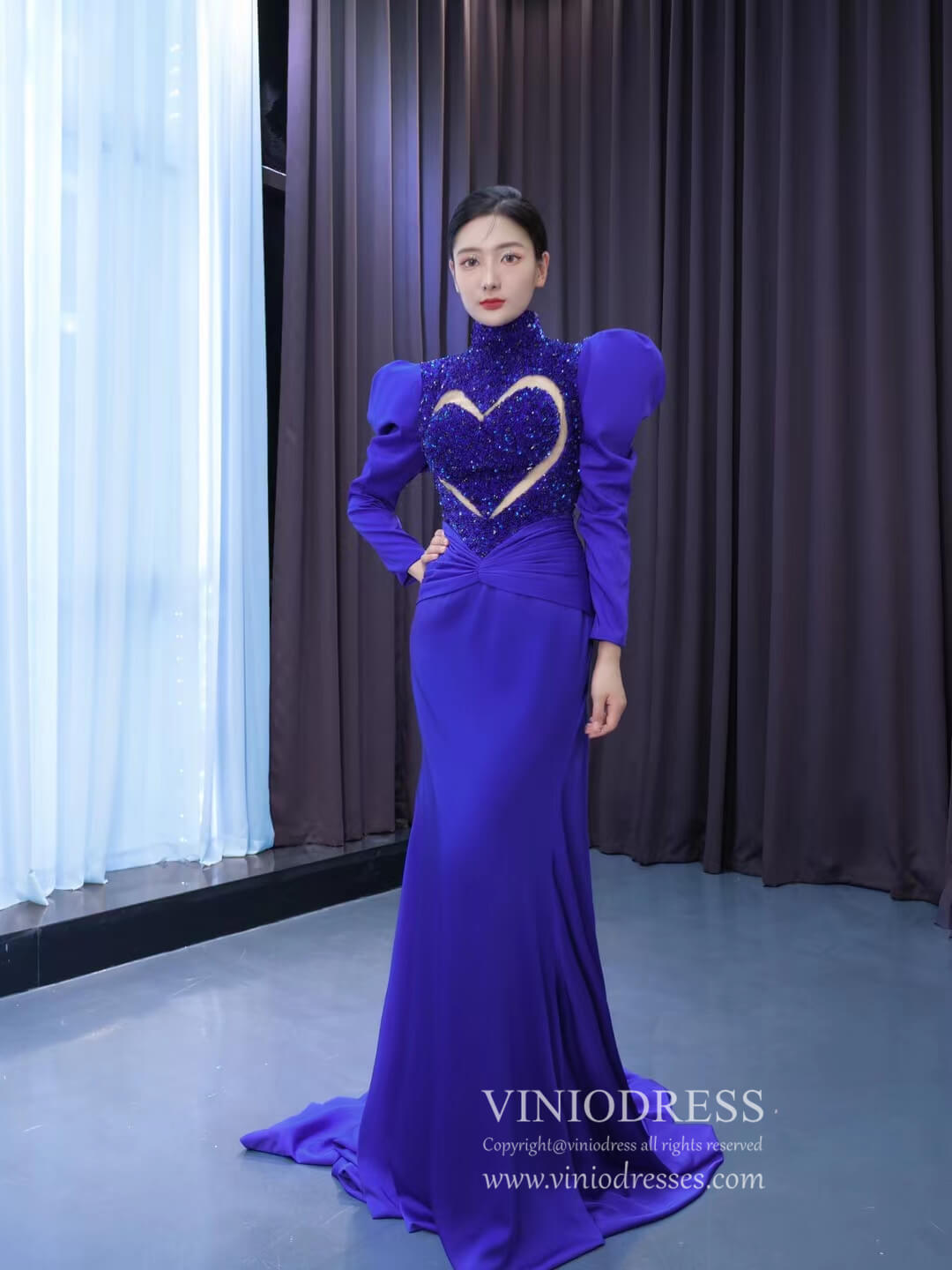 Prom Dress 2025 Royal Blue Sheath Pageant Dress Beaded Heart Formal Dresses with Sleeves 67552-unique prom dresses-Royal Blue-Custom Size-Viniodress