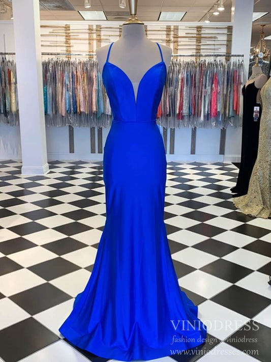 Royal Blue Sheath Prom Dresses Spaghetti Strap V-neck Formal Dress FD2001-prom dresses 2025 -Viniodress-Royal Blue-Custom Size-