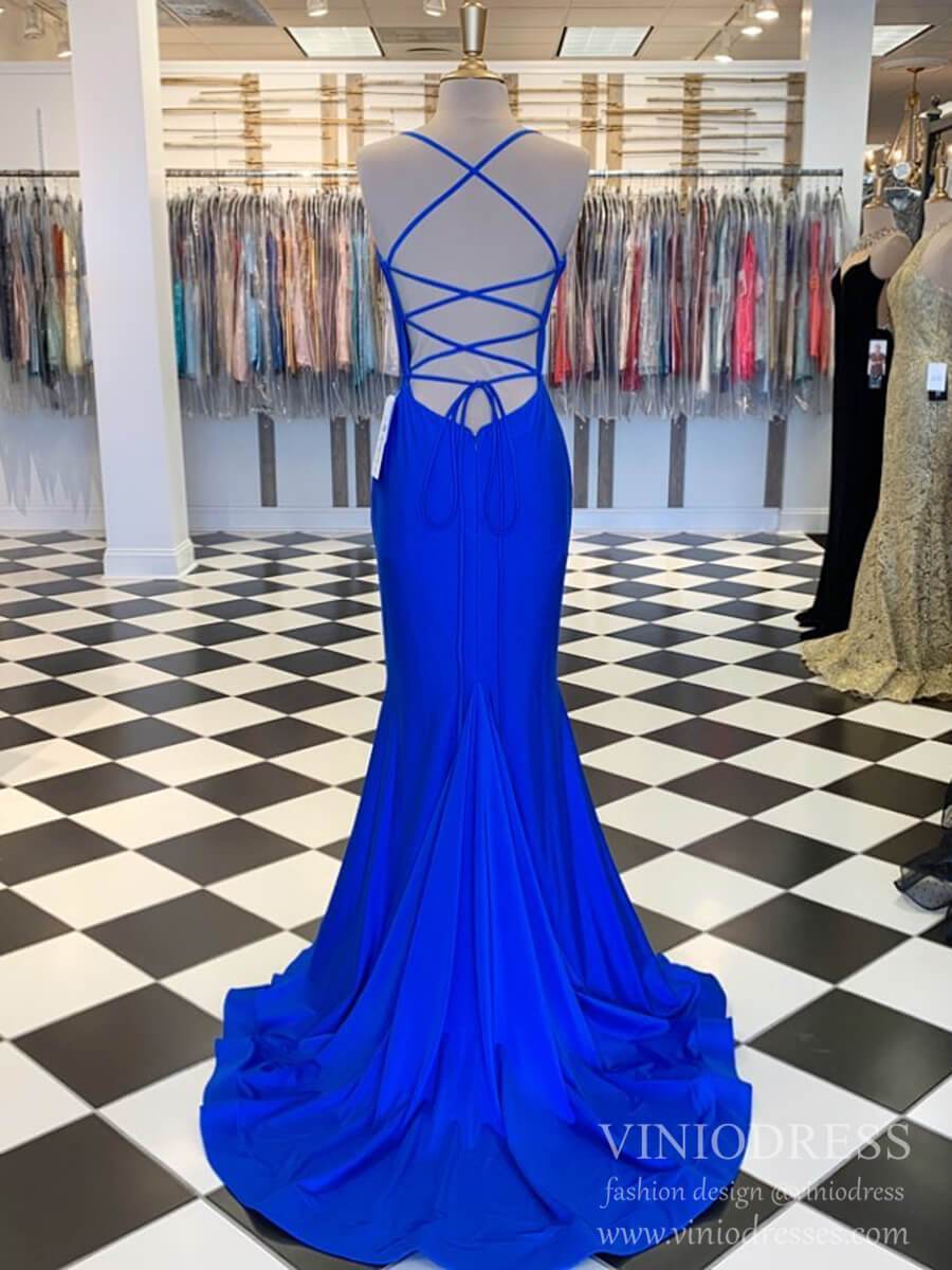 Prom Dress 2025 Royal Blue Sheath Prom Dresses Spaghetti Strap V-neck Formal Dress FD2001-unique prom dresses-Royal Blue-Custom Size-Viniodress