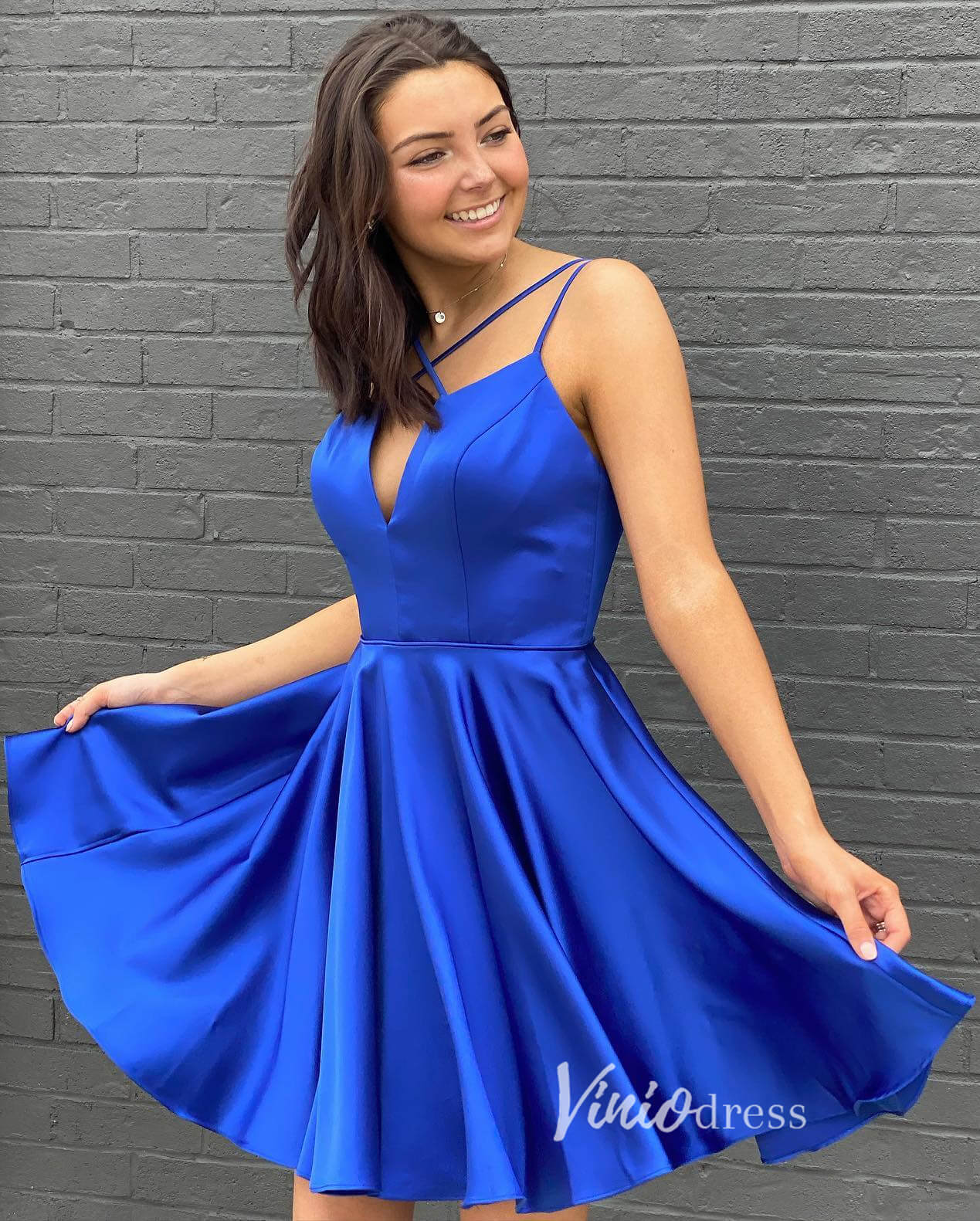 Royal Blue Short Prom Dress Satin Homecoming Dresses Spaghetti Strap SD1590-Homecoming Dresses 2025 -Viniodress-Blue-Custom Size-