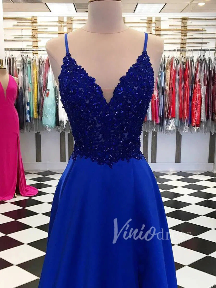 Royal Blue Spaghetti Strap Prom Dresses with Side Slit FD1570-prom dresses 2025 -Viniodress-Blue-Custom Size-