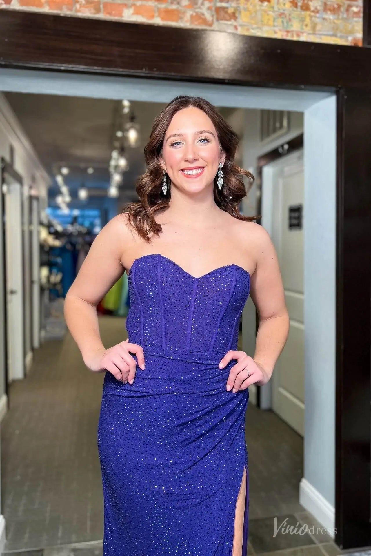 Royal Blue Sparkly Strapless Prom Dress with High Slit & Lace-Up Back – SS153-prom dresses 2026-Viniodress-Royal Blue-Custom Size-