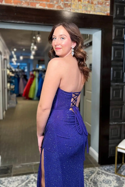 Royal Blue Sparkly Strapless Prom Dress with High Slit & Lace-Up Back – SS153-prom dresses 2026-Viniodress-Royal Blue-Custom Size-