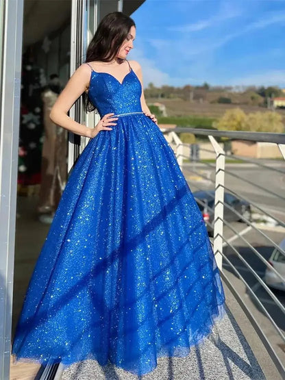 Royal Blue Sparkly Tulle Prom Dresses 2025 Spaghetti Strap Formal Gown - FD5116-prom dresses 2025 -Viniodress-Blue-Custom Size-