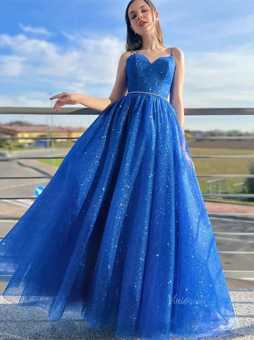 Royal Blue Sparkly Tulle Prom Dresses 2025 Spaghetti Strap Formal Gown - FD5116-prom dresses 2025 -Viniodress-Blue-Custom Size-