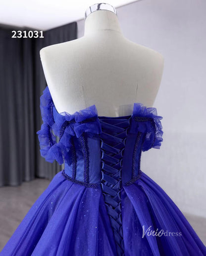 Royal Blue Sparkly Tulle Wedding Gown Off the Shoulder Quinceanera Dress 231031-Quinceanera Dresses 2025 -Viniodress-Royal Blue-Custom Size-