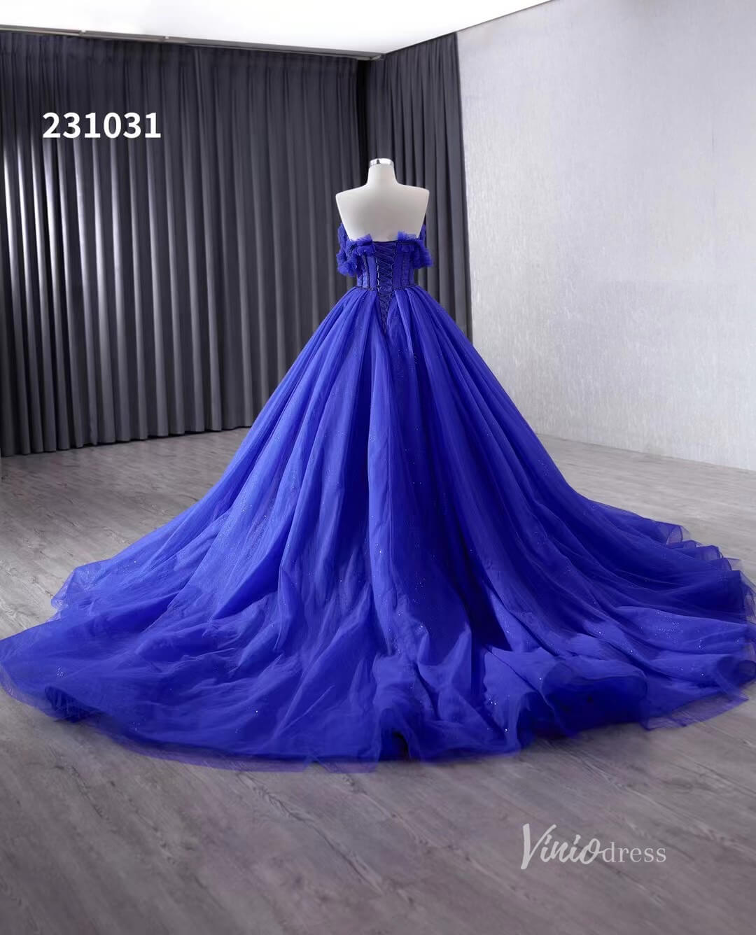 Royal Blue Sparkly Tulle Wedding Gown Off the Shoulder Quinceanera Dress 231031 - ViniodressQuinceanera DressesRoyal BlueCustom Size - Formal Dresses - Ball Gowns