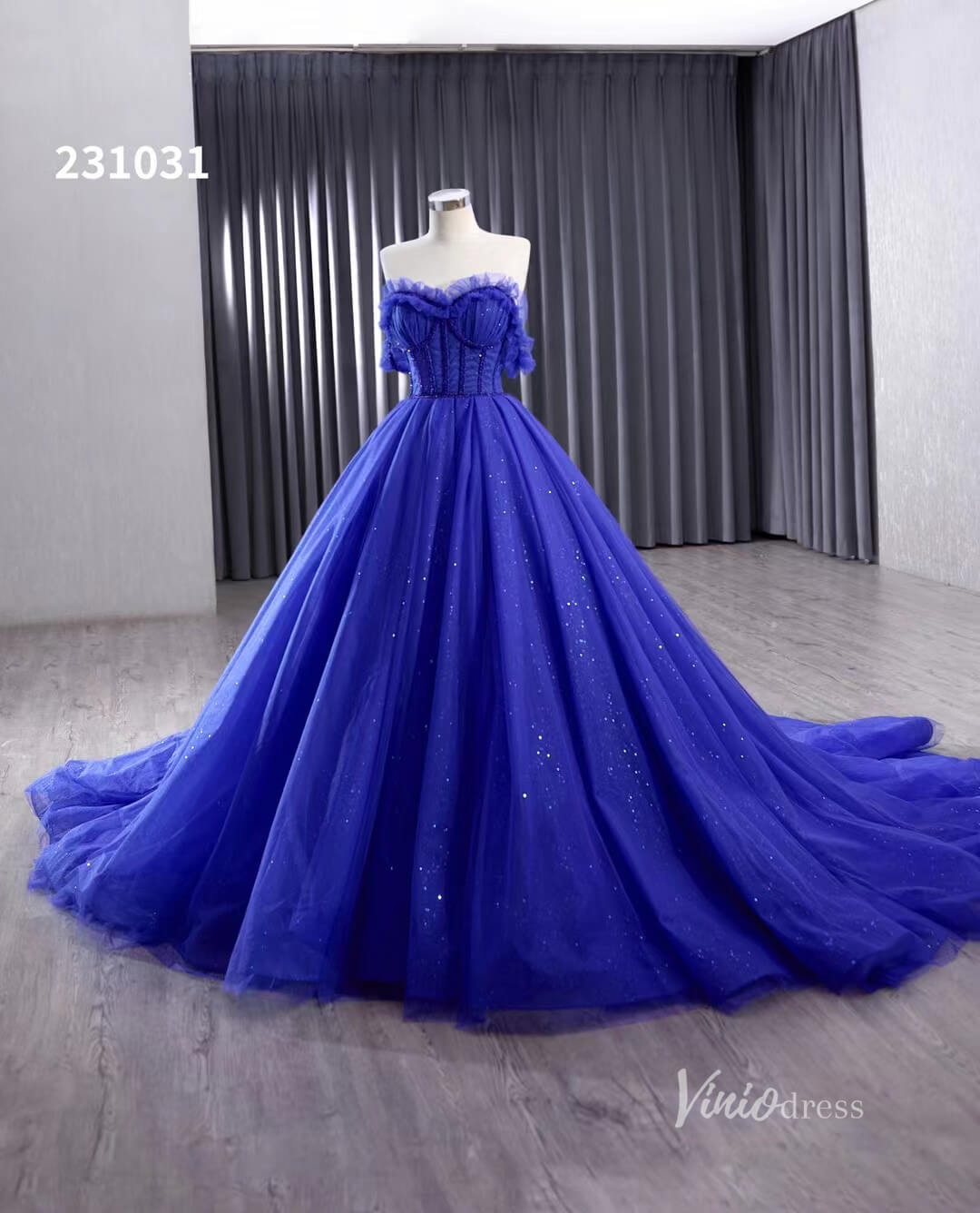 Royal Blue Sparkly Tulle Wedding Gown Off the Shoulder Quinceanera Dress 231031 - ViniodressQuinceanera DressesRoyal BlueCustom Size - Formal Dresses - Ball Gowns