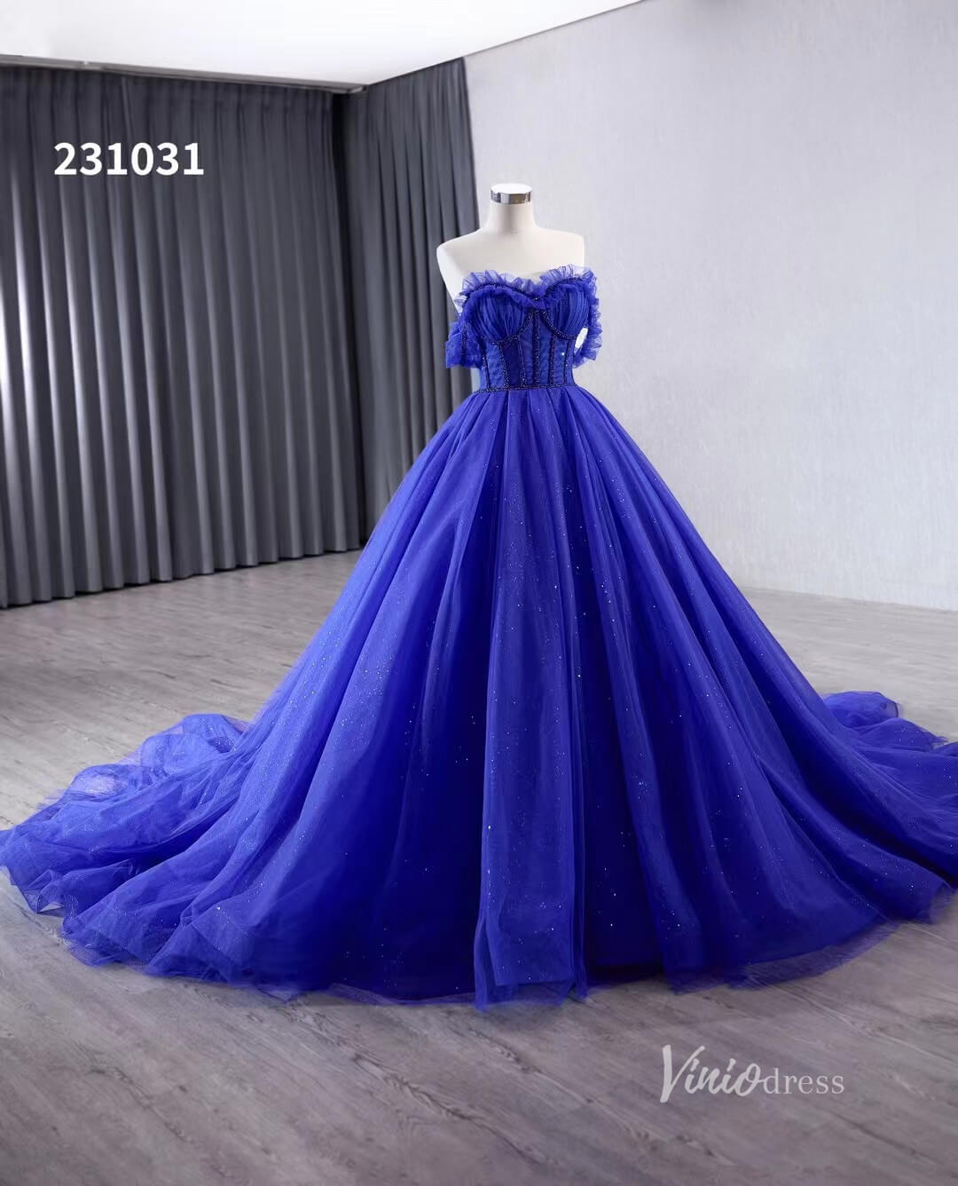 Royal Blue Sparkly Tulle Wedding Gown Off the Shoulder Quinceanera Dress 231031 - ViniodressQuinceanera DressesRoyal BlueCustom Size - Formal Dresses - Ball Gowns