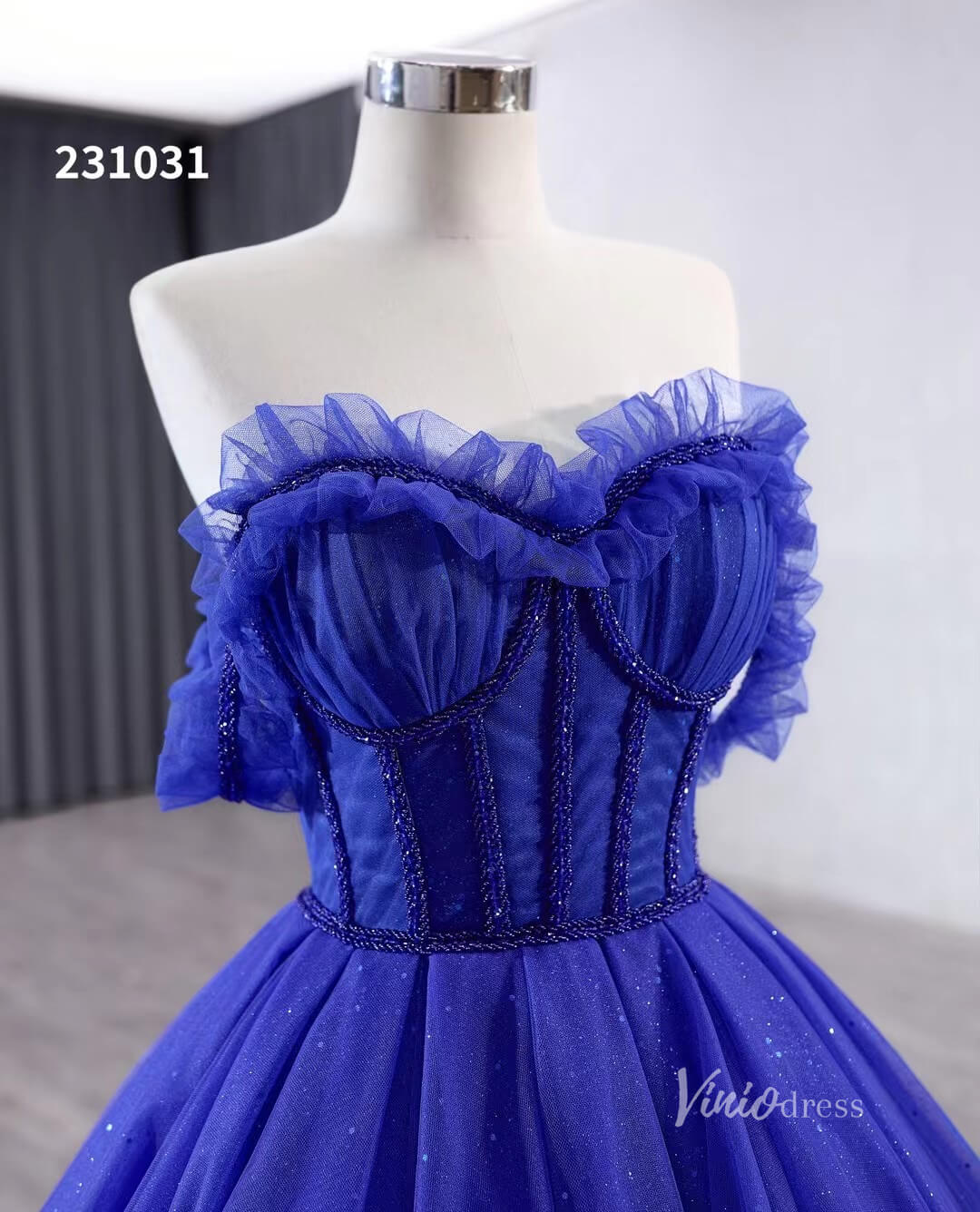 Royal Blue Sparkly Tulle Wedding Gown Off the Shoulder Quinceanera Dress 231031 - ViniodressQuinceanera DressesRoyal BlueCustom Size - Formal Dresses - Ball Gowns