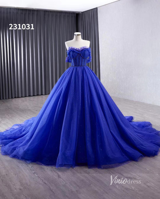 Royal Blue Sparkly Tulle Wedding Gown Off the Shoulder Quinceanera Dress 231031 - ViniodressQuinceanera DressesRoyal BlueCustom Size - Formal Dresses - Ball Gowns