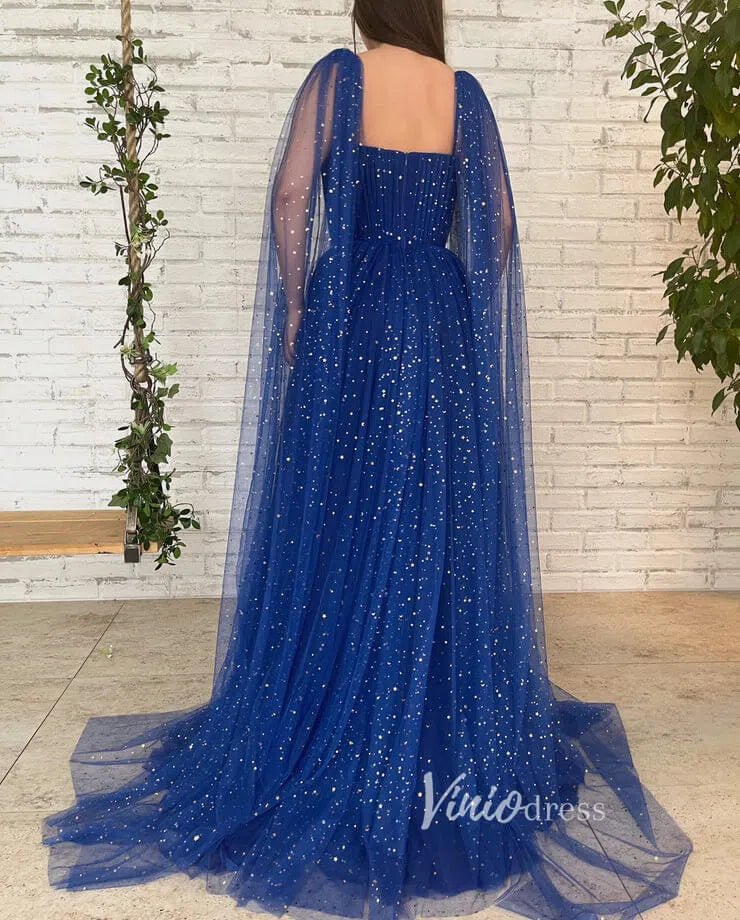 Royal Blue Star Prom Dresses Long Cape Sleeve Formal Evening Gown FD27 Viniodress Royal Blue Star Prom Dresses Long Cape Sleeve Formal Evening Gown FD27 Viniodress