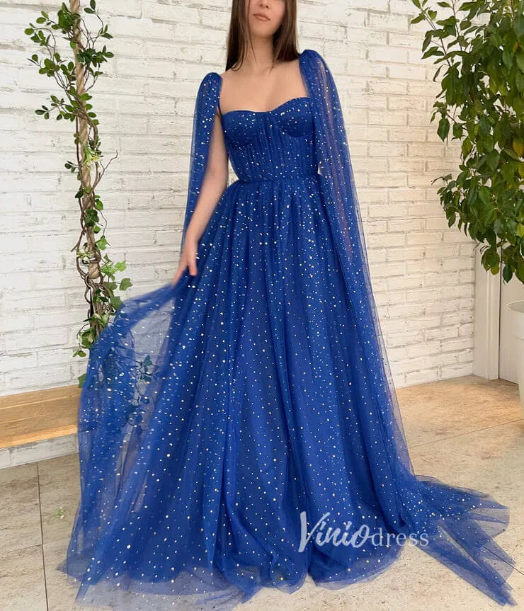 Royal Blue Star Prom Dresses Long Cape Sleeve Formal Evening Gown FD2770-prom dresses-Viniodress-Viniodress