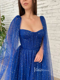 Royal Blue Star Prom Dresses Long Cape Sleeve Formal Evening Gown FD2770-prom dresses-Viniodress-Viniodress