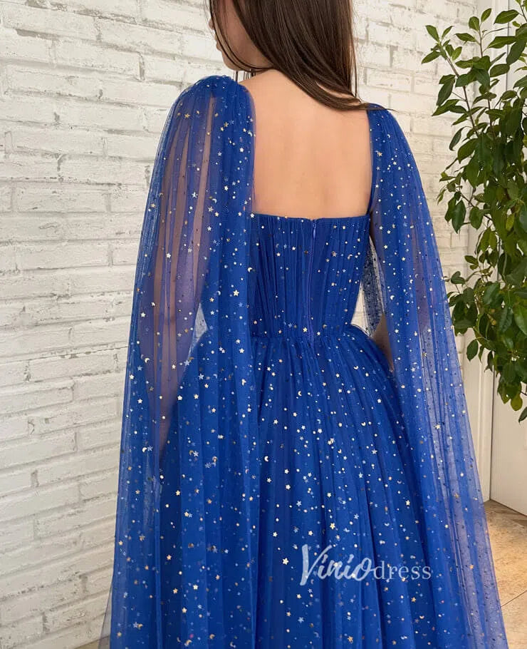 Royal Blue Star Prom Dresses Long Cape Sleeve Formal Evening Gown FD2770-prom dresses-Viniodress-Viniodress