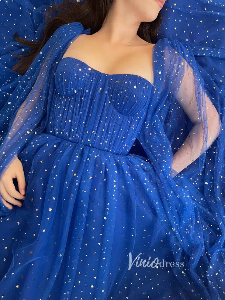 Royal Blue Star Prom Dresses Long Cape Sleeve Formal Evening Gown FD2770-prom dresses-Viniodress-Viniodress