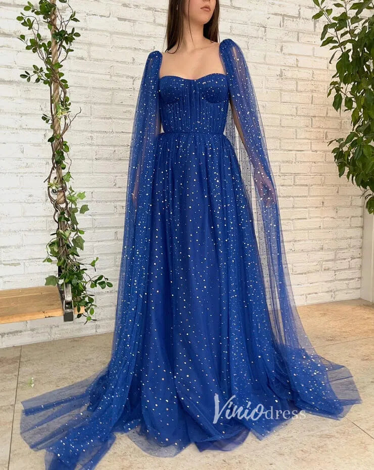 Royal Blue Star Prom Dresses Long Cape Sleeve Formal Evening Gown FD2770-prom dresses-Viniodress-Viniodress