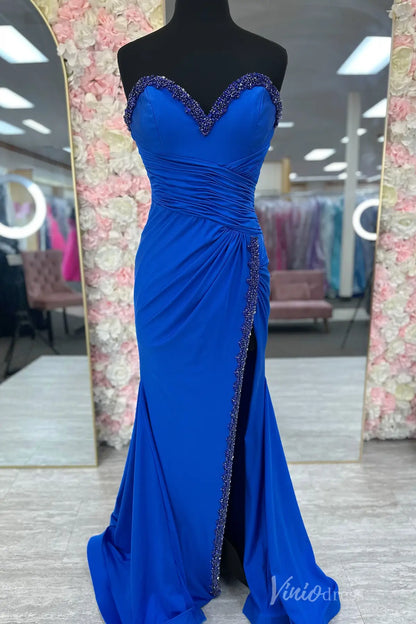 Royal Blue Strapless Prom Dress with Beaded Sweetheart Neckline, Ruched Bodice, and High Slit – SS049-prom dresses 2025 -Viniodress-Blue-Custom Size-