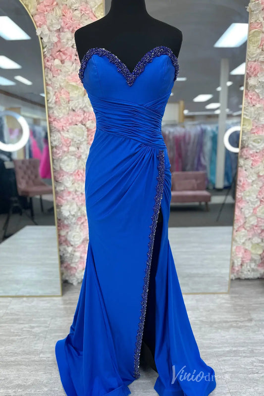 Royal Blue Strapless Prom Dress with Beaded Sweetheart Neckline, Ruched Bodice, and High Slit – SS049-prom dresses 2025 -Viniodress-Blue-Custom Size-