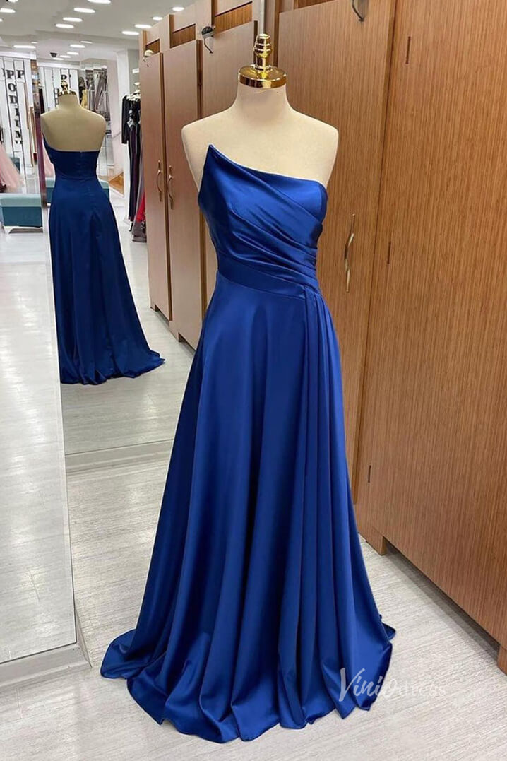 Royal Blue Strapless Satin Cheap Prom Dresses Pleated Bodice FD3987-prom dresses-Viniodress-Royal Blue-Custom Size-Viniodress