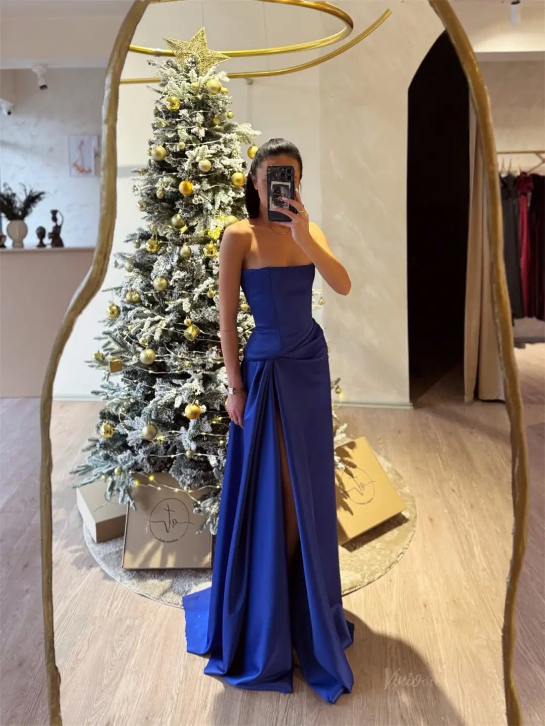 Royal Blue Strapless Satin Prom Dresses 2025 with Slit – FD5215-prom dresses 2025 -Viniodress-Blue-Custom Size-