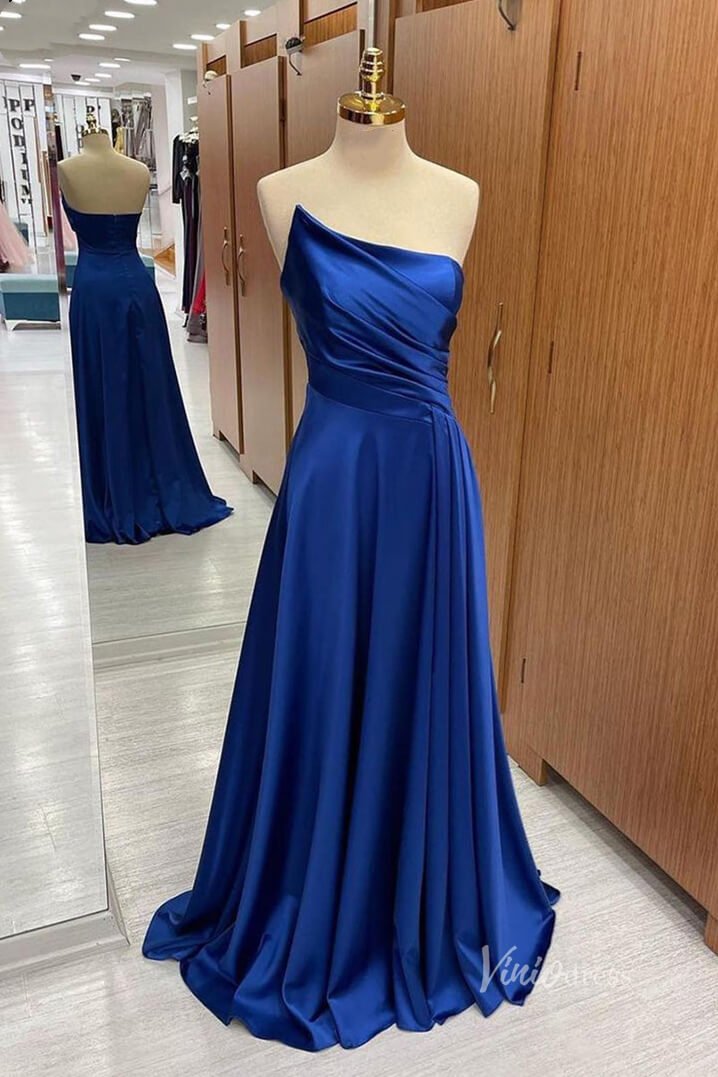 Royal Blue Strapless Satin Prom Dresses Pleated Bodice FD3987-prom dresses 2025 -Viniodress-Royal Blue-Custom Size-