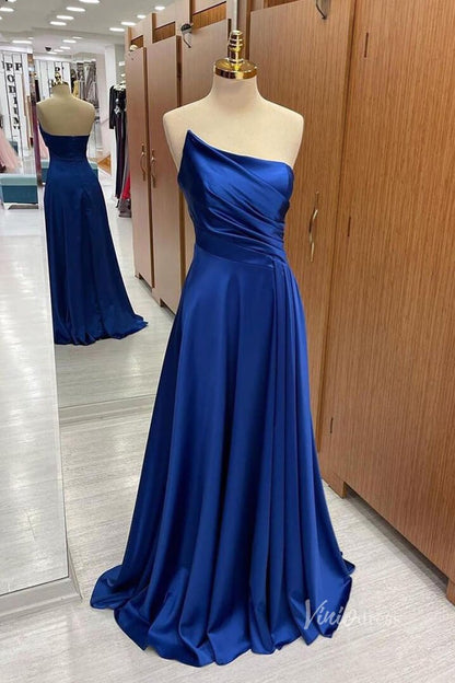 Royal Blue Strapless Satin Prom Dresses Pleated Bodice FD3987-prom dresses 2025 -Viniodress-Royal Blue-Custom Size-
