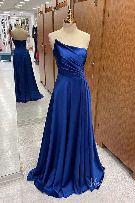 Royal Blue Strapless Satin Prom Dresses Pleated Bodice FD3987-prom dresses 2025 -Viniodress-Royal Blue-Custom Size-