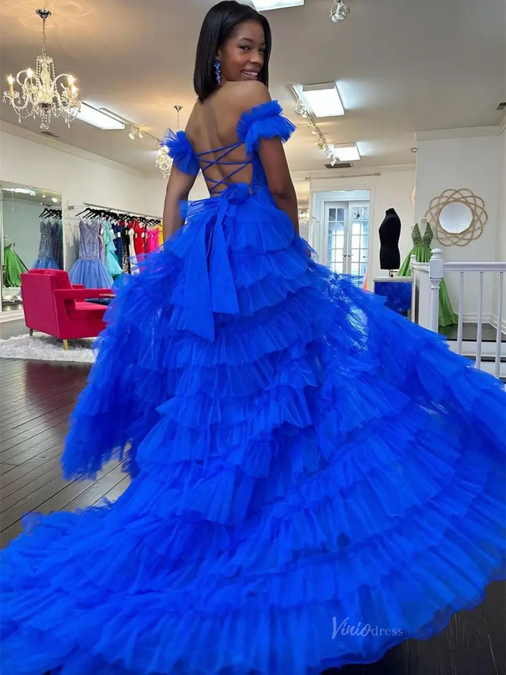 Royal Blue Tulle Prom Dresses 2025 Ruffled Off the Shoulder Formal Gown with Slit FD3728-prom dresses 2025 -Viniodress-Blue-Custom Size-