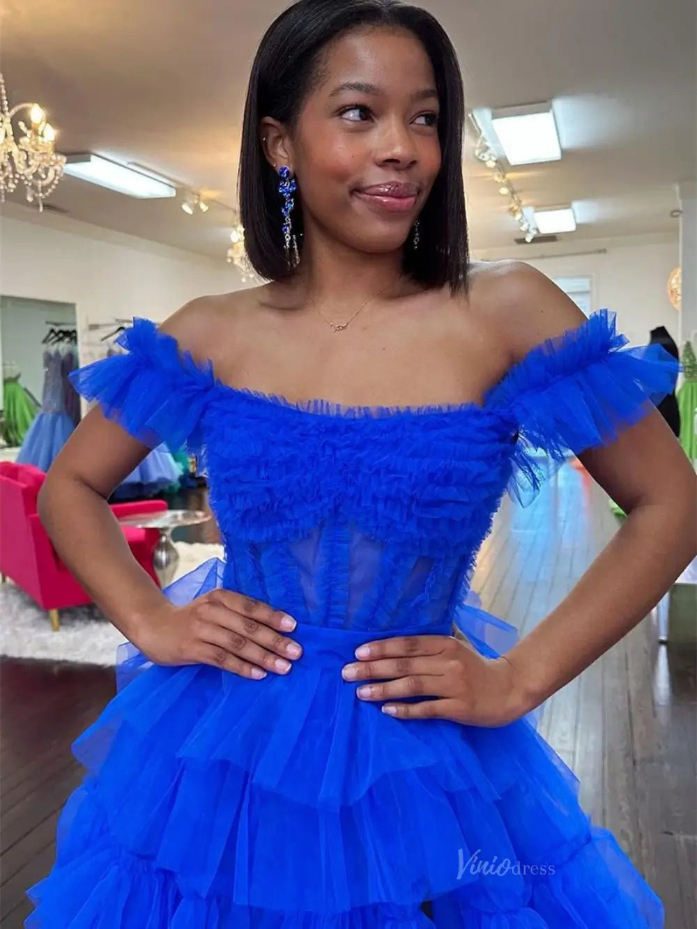 Royal Blue Tulle Prom Dresses 2025 Ruffled Off the Shoulder Formal Gown with Slit FD3728-prom dresses 2025 -Viniodress-Blue-Custom Size-