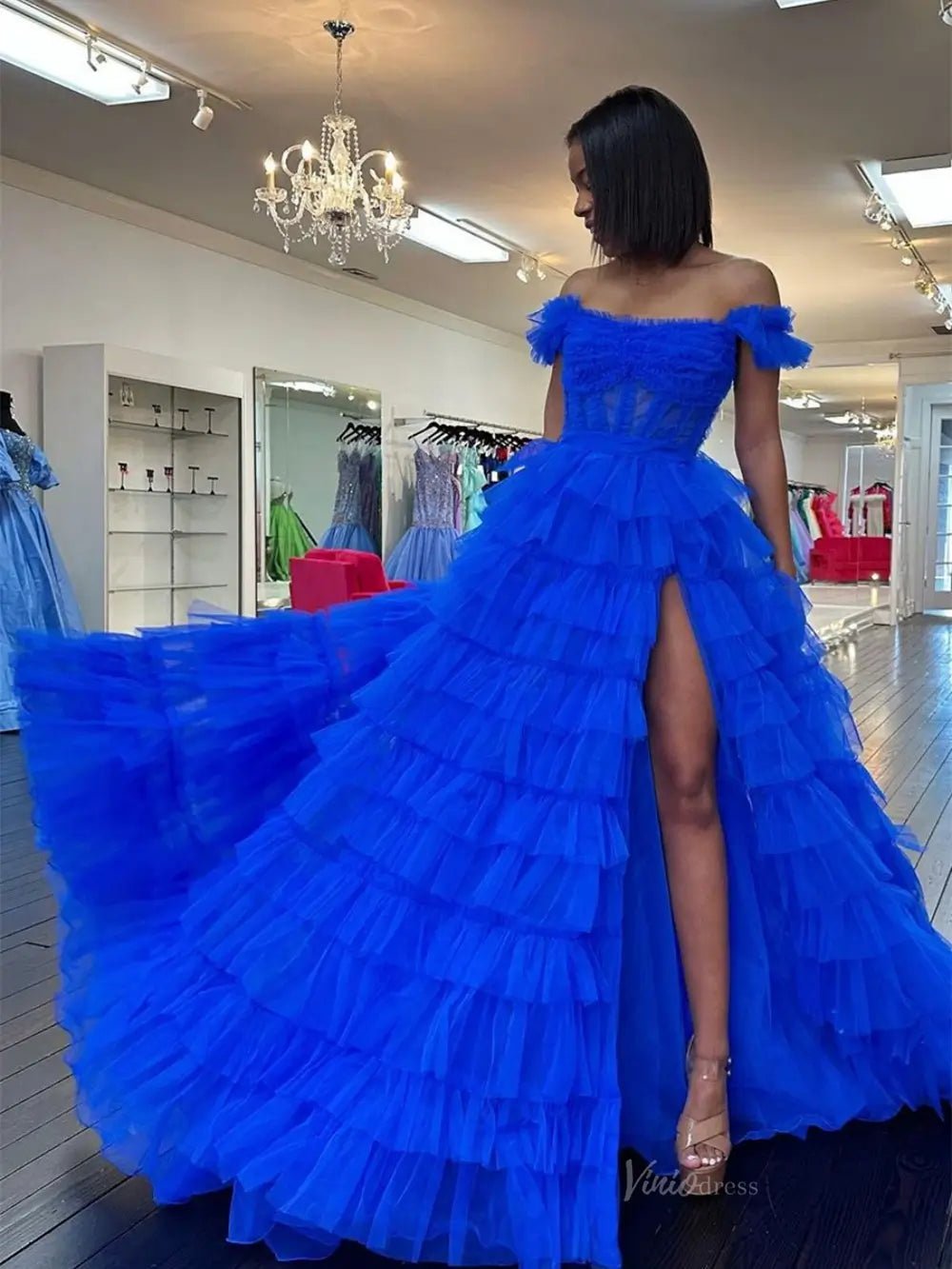 Royal Blue Tulle Prom Dresses 2025 Ruffled Off the Shoulder Formal Gown with Slit FD3728-prom dresses 2025 -Viniodress-Blue-Custom Size-