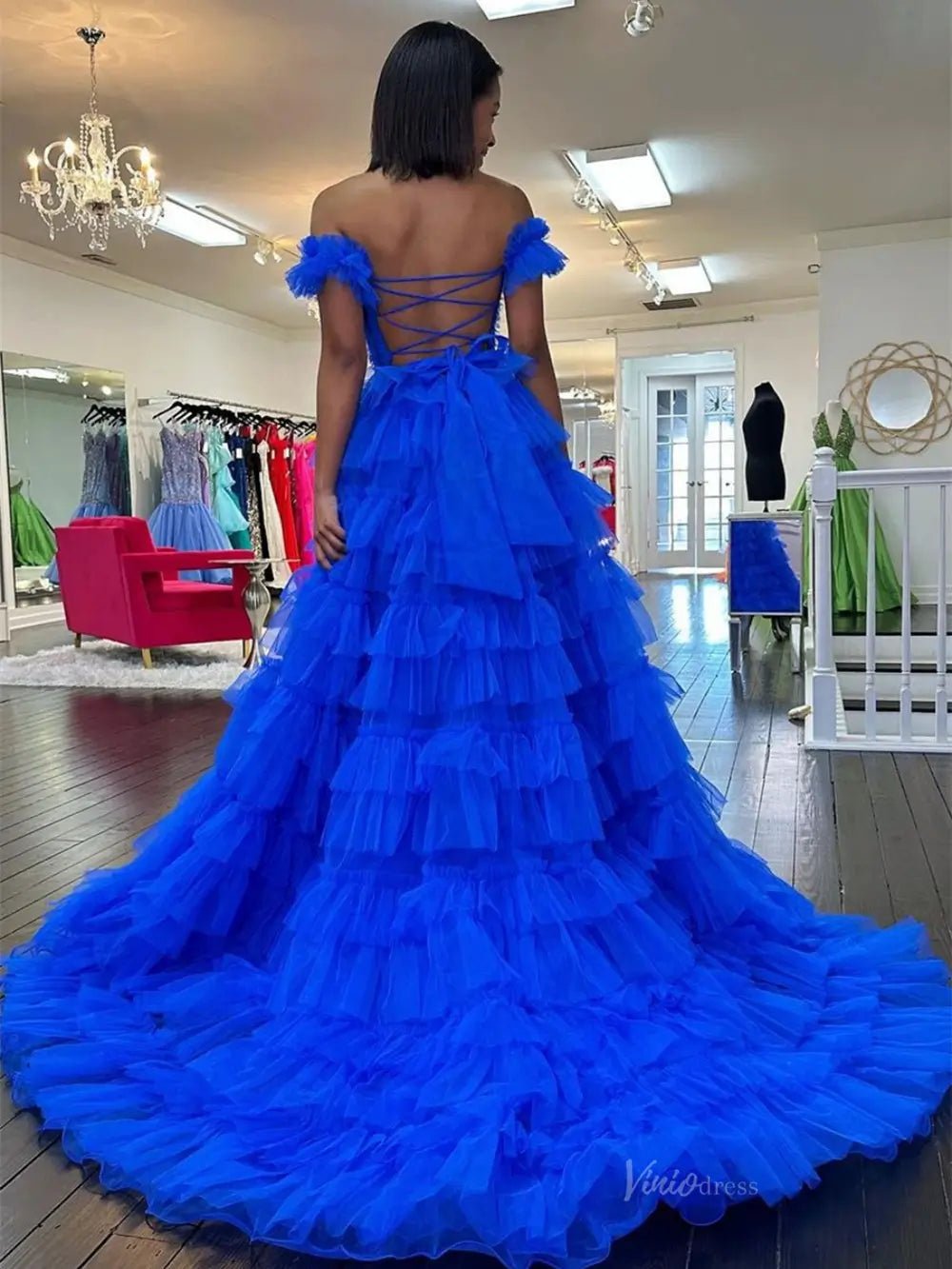 Royal Blue Tulle Prom Dresses 2025 Ruffled Off the Shoulder Formal Gown with Slit FD3728-prom dresses 2025 -Viniodress-Blue-Custom Size-