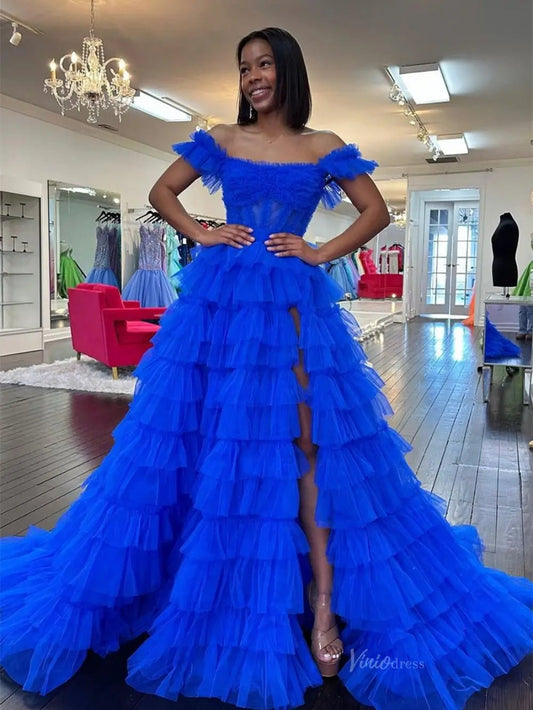 Royal Blue Tulle Prom Dresses 2025 Ruffled Off the Shoulder Formal Gown with Slit FD3728-prom dresses 2025 -Viniodress-Blue-Custom Size-