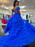 prom dresses 2025-to impress Royal Blue Tulle Prom Dresses 2025 Ruffled Off the Shoulder Formal Gown with Slit FD3728-plus size wedding dresses Viniodress-Blue-Custom Size-