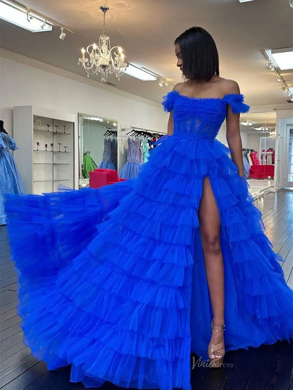 Royal Blue Tulle Prom Dresses 2025 Ruffled Off the Shoulder Formal Gown with Slit FD3728 - Viniodressprom dressesBlueCustom Size - Formal Dresses - Ball Gowns