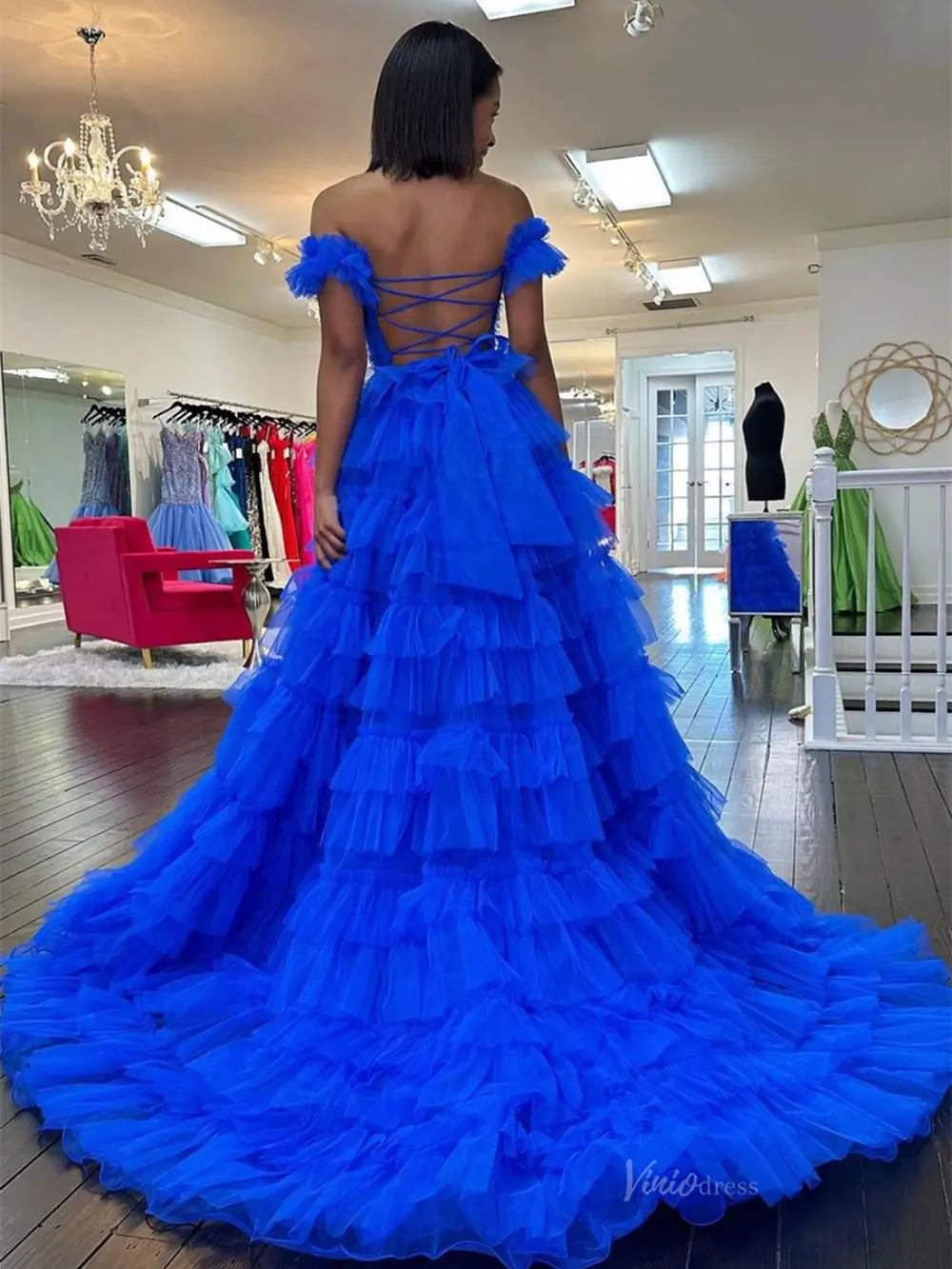 prom dresses 2025-to impress Royal Blue Tulle Prom Dresses 2025 Ruffled Off the Shoulder Formal Gown with Slit FD3728-plus size wedding dresses Viniodress-Blue-Custom Size-