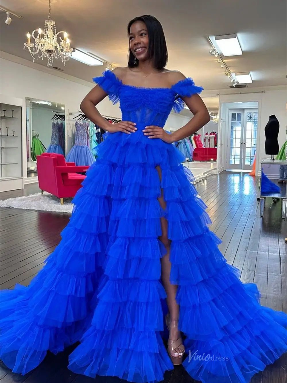 Royal Blue Tulle Prom Dresses 2025 Ruffled Off the Shoulder Formal Gown with Slit FD3728 - Viniodressprom dressesBlueCustom Size - Formal Dresses - Ball Gowns