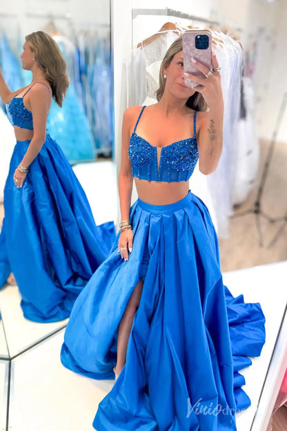 Royal Blue Two-Piece Prom Dress with Beaded Corset Top and High Slit Satin Skirt – AS030-prom dresses 2025 -Viniodress-Blue-Custom Size-