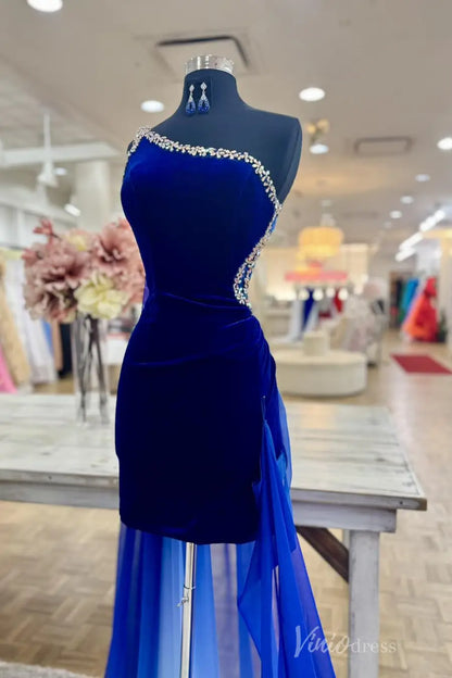Royal Blue Velvet High-Low Prom Dress with One-Shoulder Neckline, Rhinestone Trim, and Sheer Overskirt – SS107-prom dresses 2025 -Viniodress-Royal Blue-Custom Size-