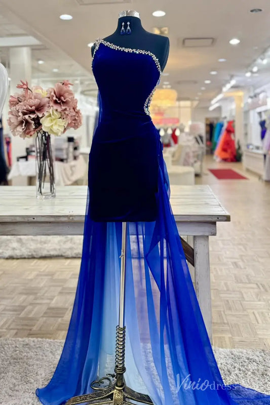 Royal Blue Velvet High-Low Prom Dress with One-Shoulder Neckline, Rhinestone Trim, and Sheer Overskirt – SS107-prom dresses 2025 -Viniodress-Royal Blue-Custom Size-