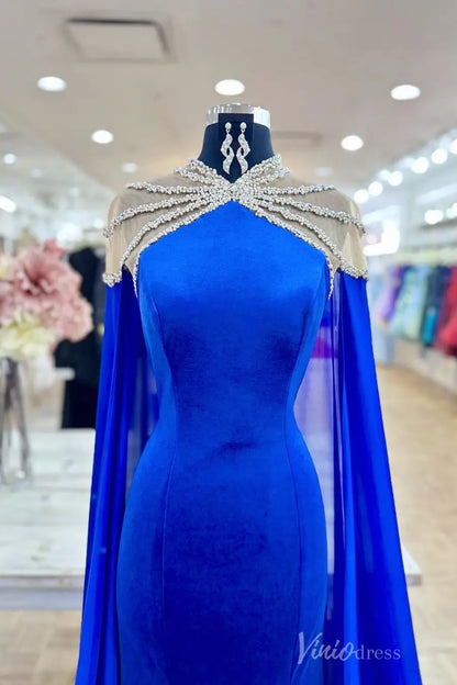 Royal Blue Velvet Pageant Dress with Rhinestone Cape Shoulders and Floor-Length Cape – PG009-prom dresses 2025 -Viniodress-Blue-Custom Size-
