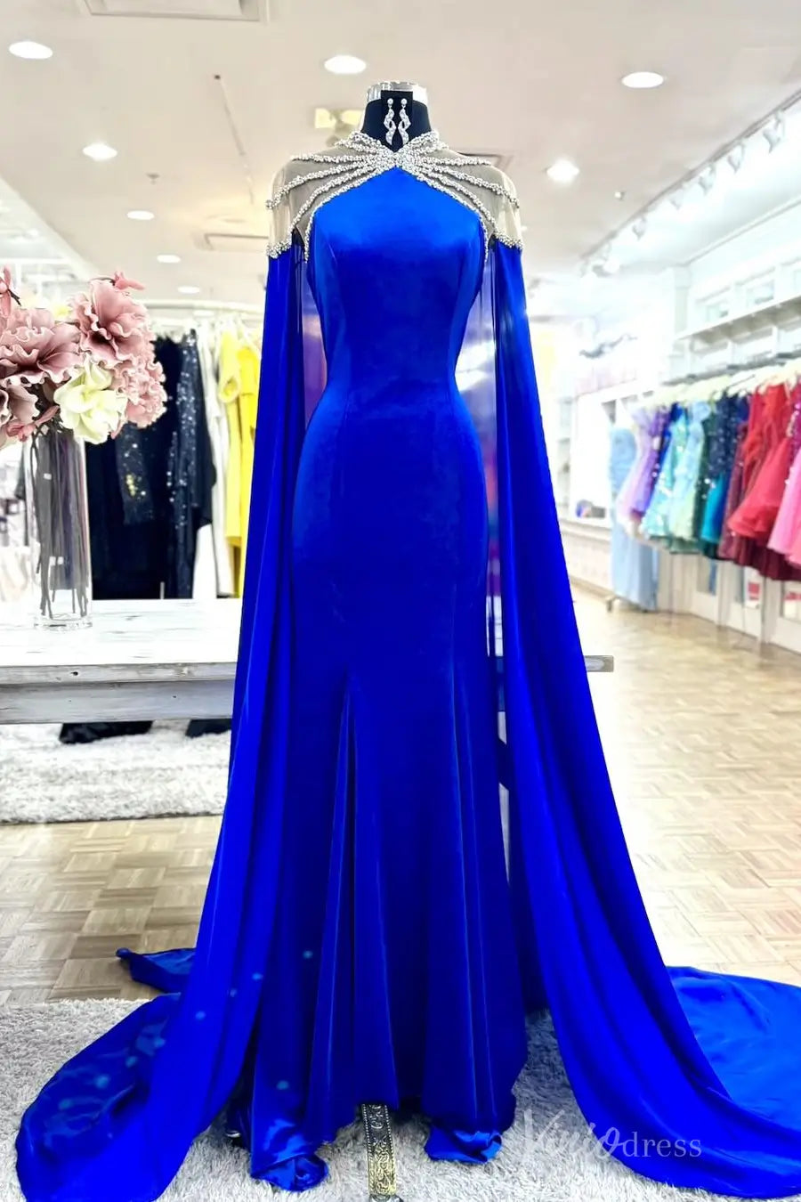 Royal Blue Velvet Pageant Dress with Rhinestone Cape Shoulders and Floor-Length Cape – PG009-prom dresses 2025 -Viniodress-Blue-Custom Size-