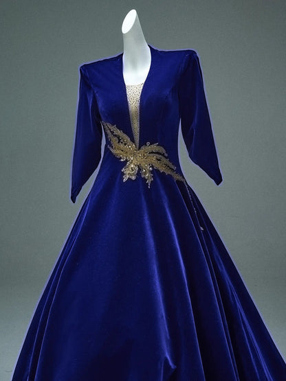 Royal Blue Velvet Prom Dresses with Plunging V-Neck, Short Sleeve & Corset Back - CQ0101-Couture Gown 2025 -Viniodress-Blue-Custom Size-