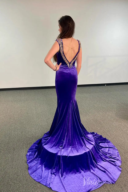 Royal Purple Velvet Mermaid Prom Dress with Deep V Neck, Beaded Straps, and Court Train – SS006-prom dresses 2025 -Viniodress-Purple-Custom Size-