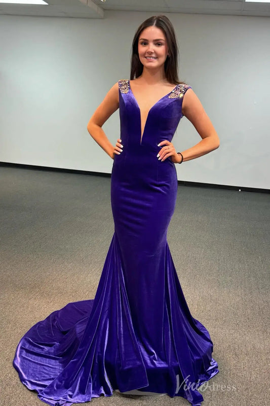 Royal Purple Velvet Mermaid Prom Dress with Deep V Neck, Beaded Straps, and Court Train – SS006-prom dresses 2025 -Viniodress-Purple-Custom Size-